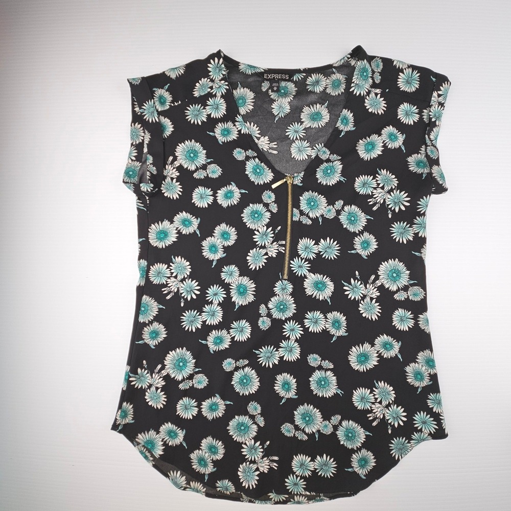 Express Floral Half Zip Blouse Black Teal Daisy Print Cap Sleeve Top XS